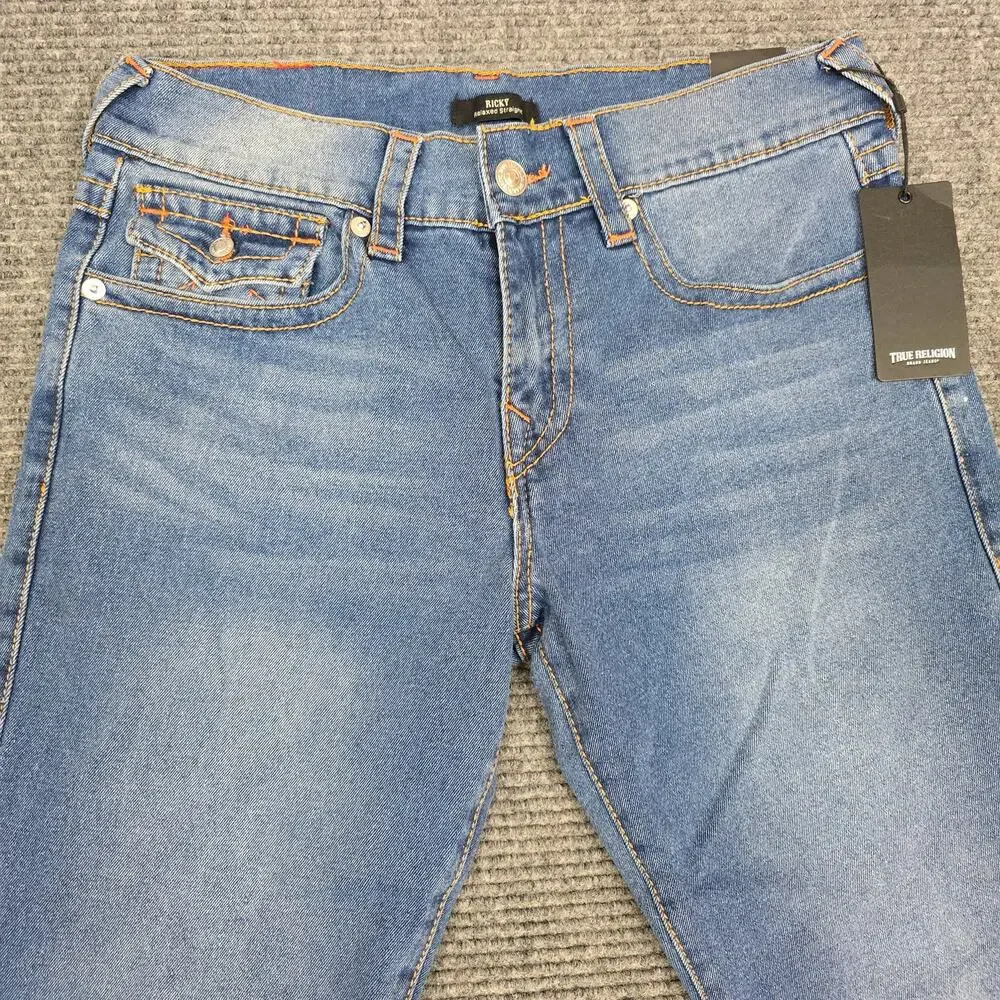 True Religion Ricky Big T Jeans Mens 32x34 Medium Wash Relaxed Straight Flap NWT